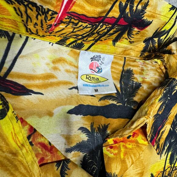 Rima BeachWorld Hawaiian Shirt Men’s Medium Sunset Palm Tree Surfer Print Yellow - Picture 2 of 5